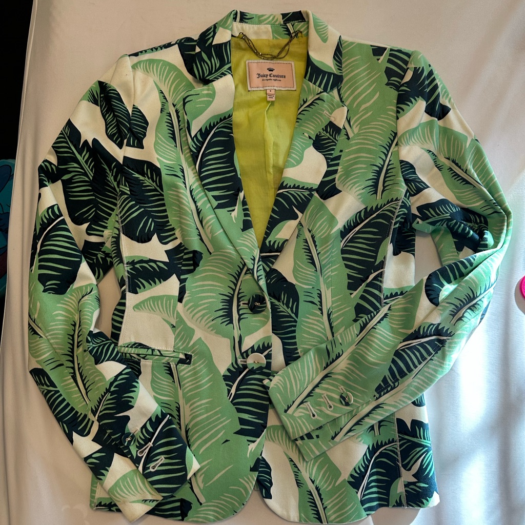 Juicy Couture Tropical Leaf Blazer In Green And White